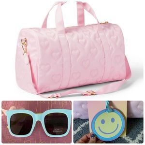 Stoney Clover lane X Target pink heart duffel, luggage tag, and sunglasses